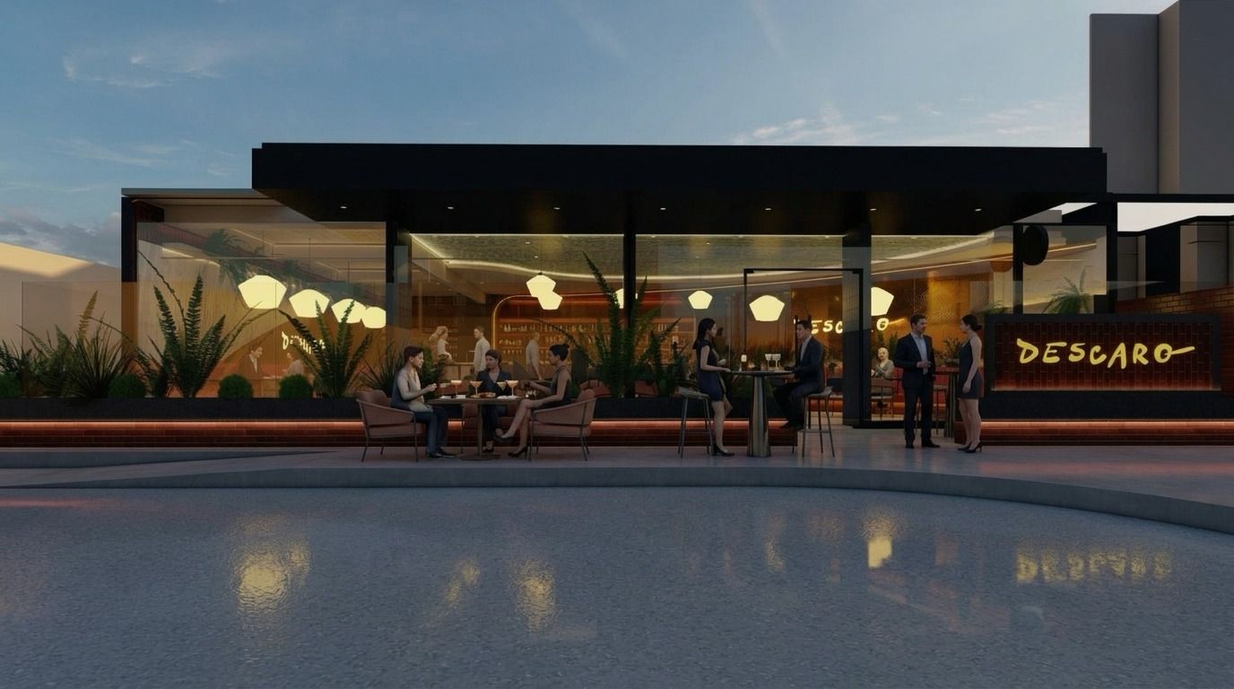 DESCARO — render exterior, atardecer